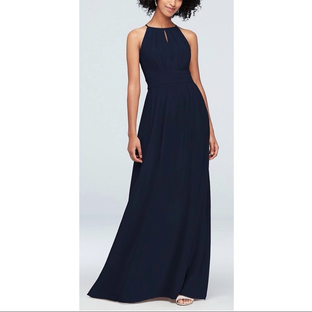 High-Neck Chiffon Bridesmaid Dress with Keyhole, Marine